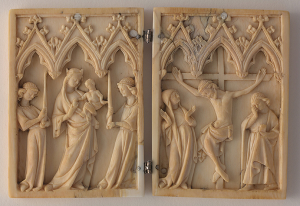 an small ivory diptych from the  14th century.  The left shows the Virgin and Child and the right shows the Crucifixion