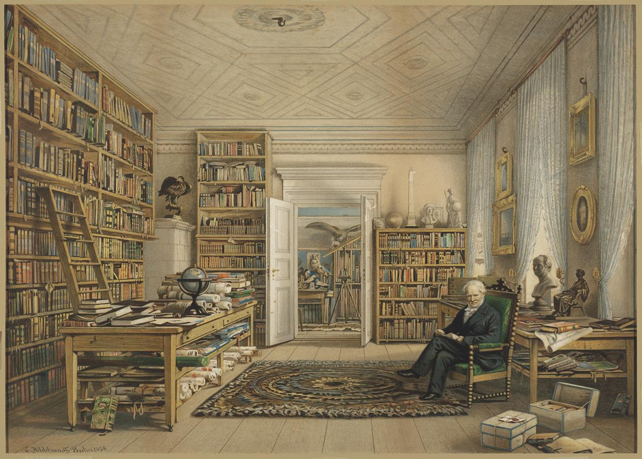 a picture of a library in muted, golden tones, with one figure seated