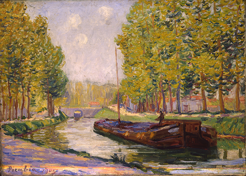 a painting with a river, a barge, and trees along the edge of the river