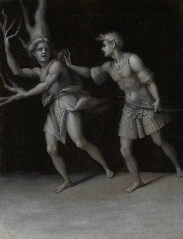 a black and white painting showing a man dressed in armor, reaching out to a woman who is turning into a tree