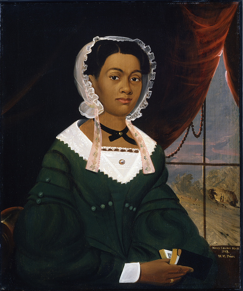 A three-quarter  portrait of a Black woman in a lace cap