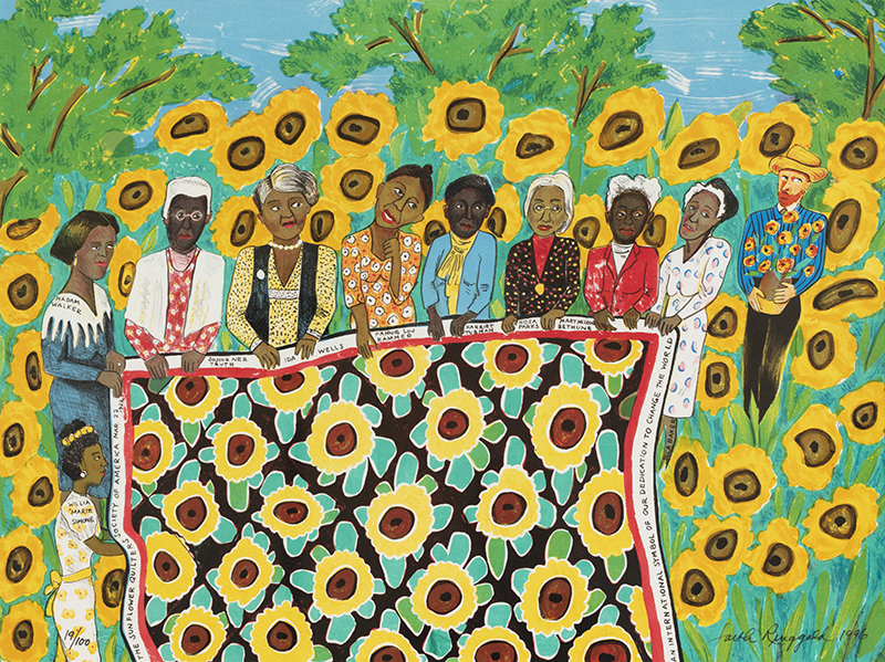 A colorful lithograph showing figures holding a quilt in front of a field of sunflowers