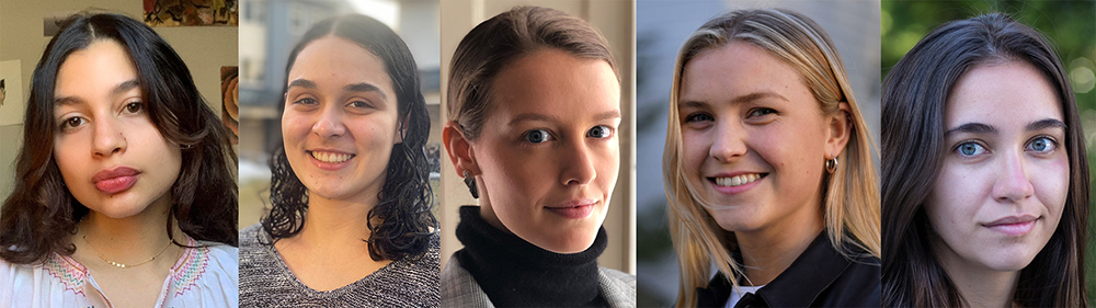 a photo montage of faces of five Bowdoin College female students 