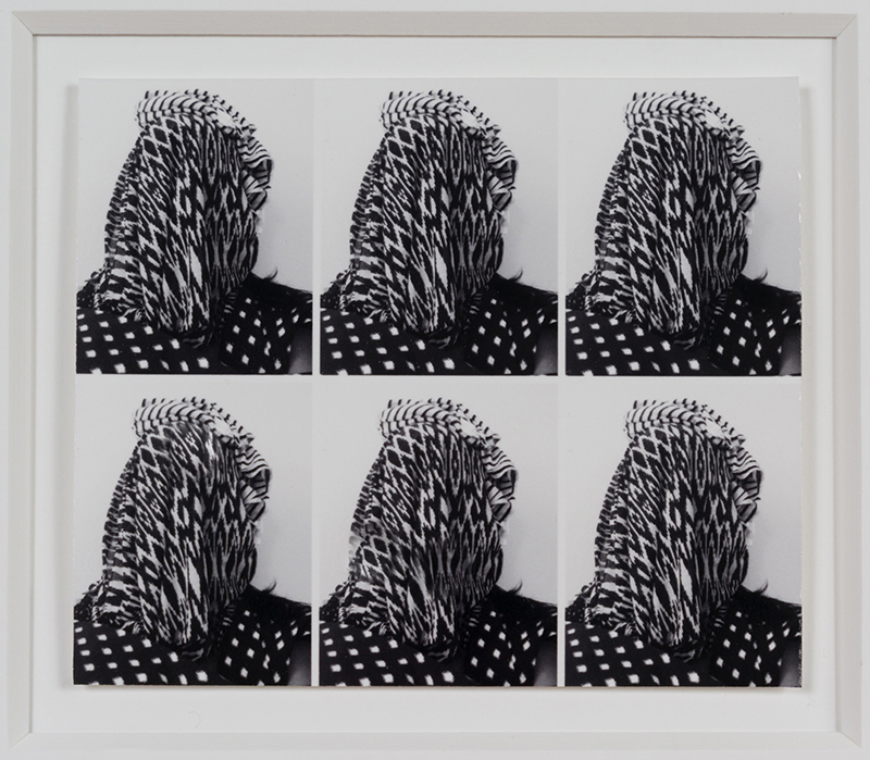 A series of six images in two rows showing the back of six heads wrapped in patterned fabric.