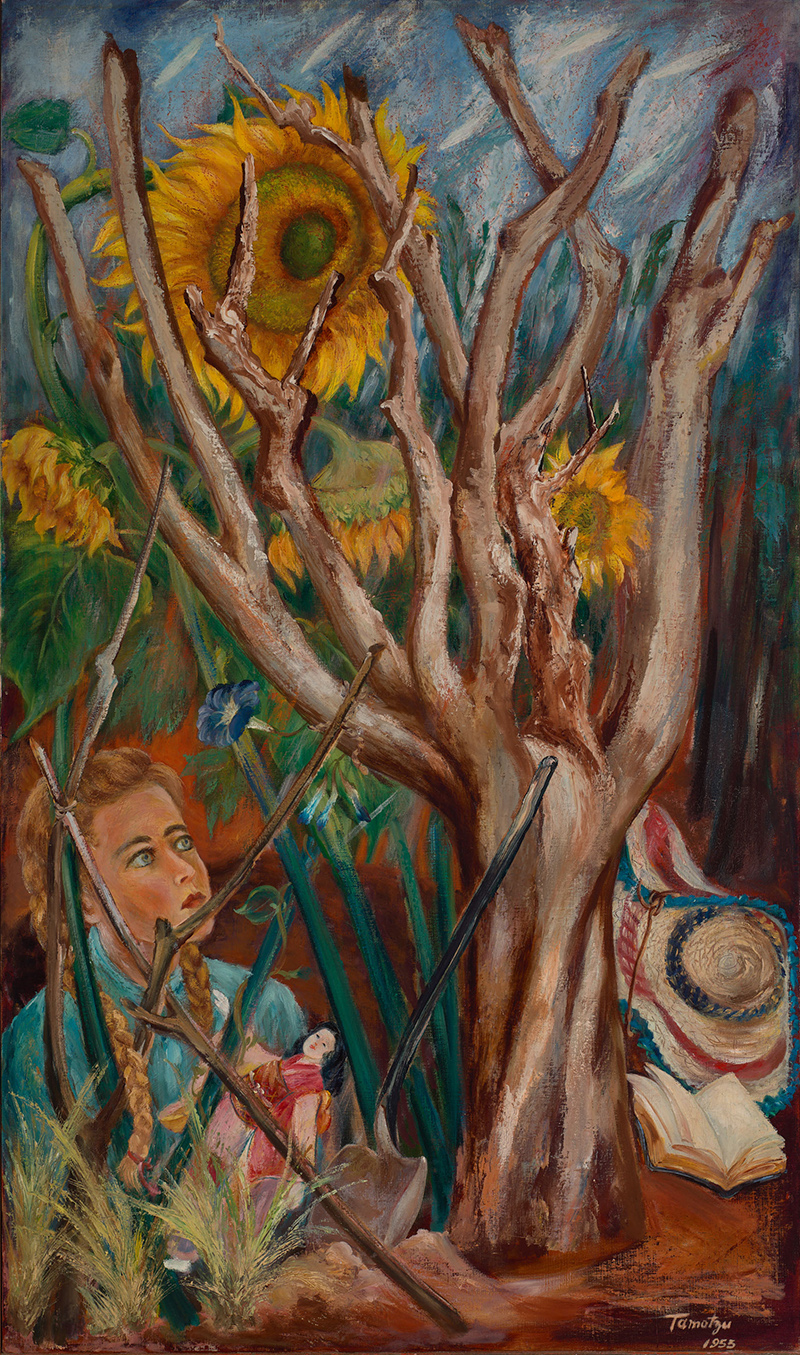 a painting showing a woman's face behind a tree and sunflowers