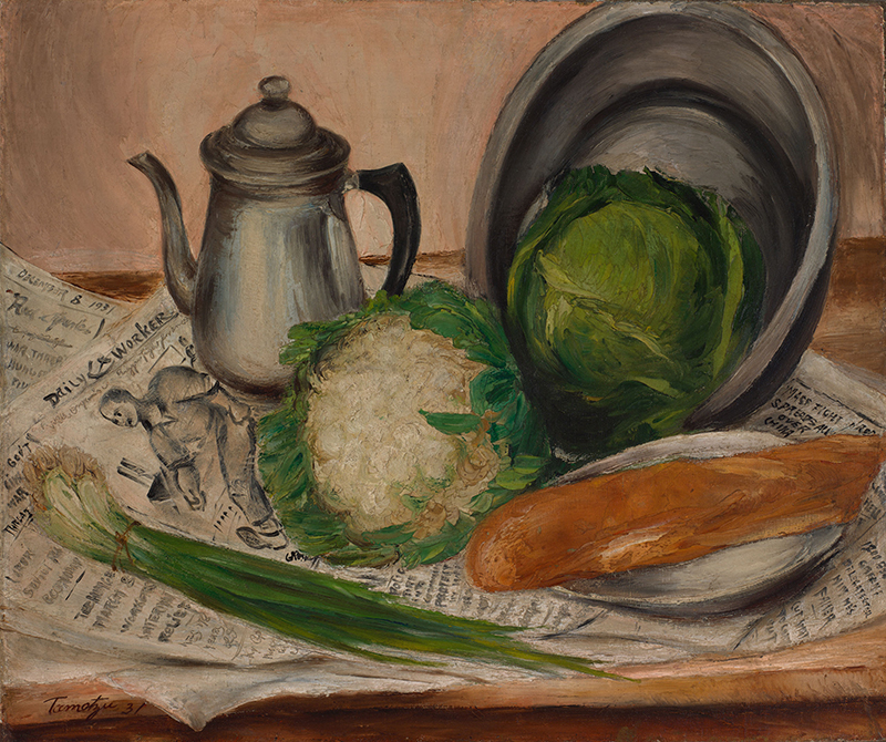 A painted still Life with teapot, vegetable, fish, and newspaper
