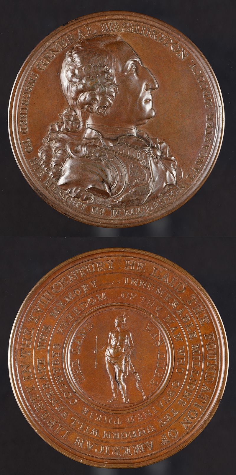 Two sides of a bronze medal, one side showing the profile of George Washington, the other shows a figure with an inscription surrounding him