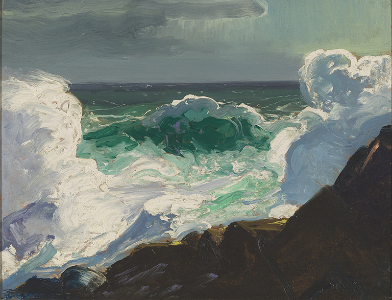  a painting of waves crashing on the shoreline