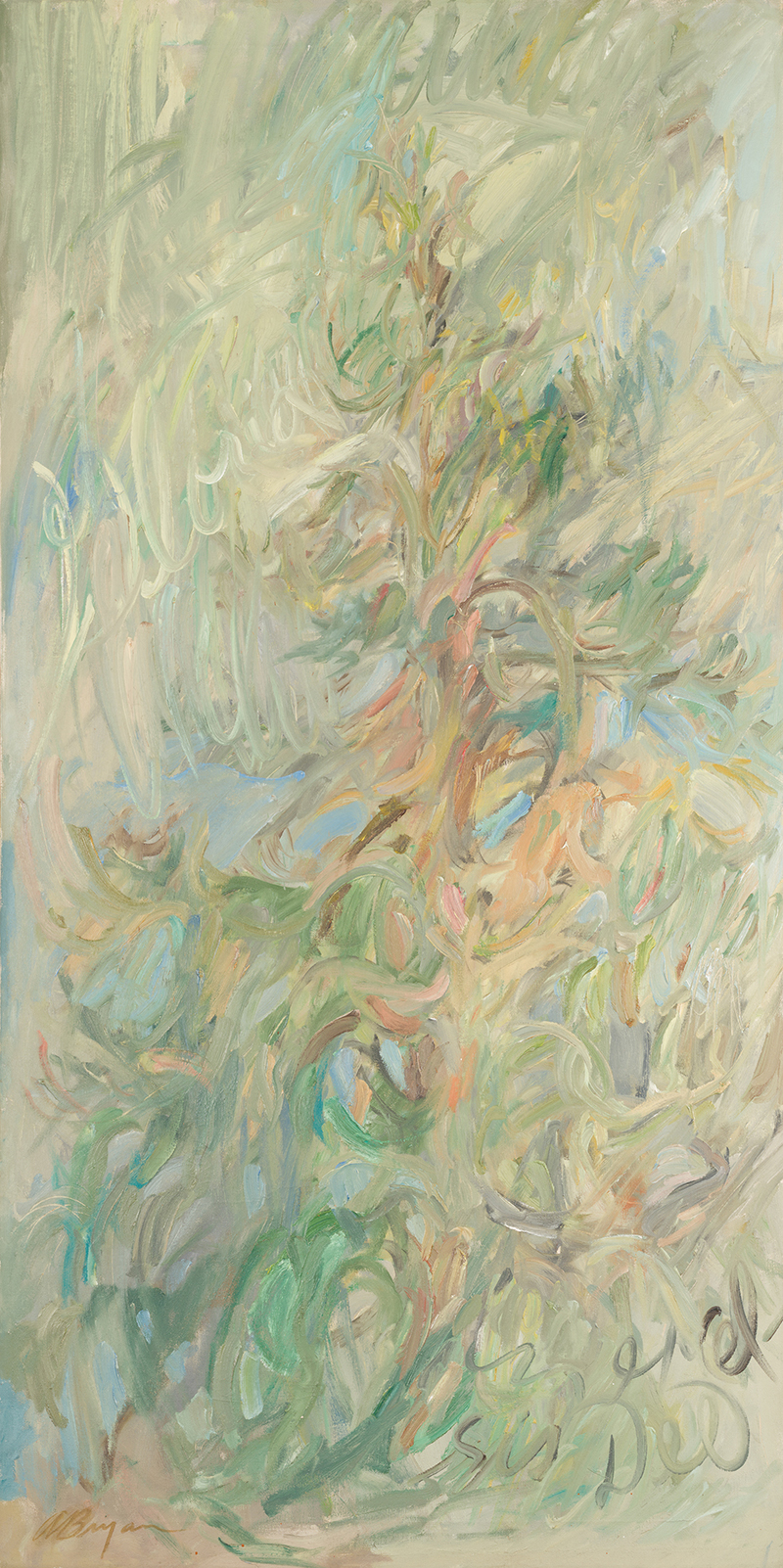 an almost abstract painting of a spruce tree with swirling brushstrokes in soft yellows, greens, and browns