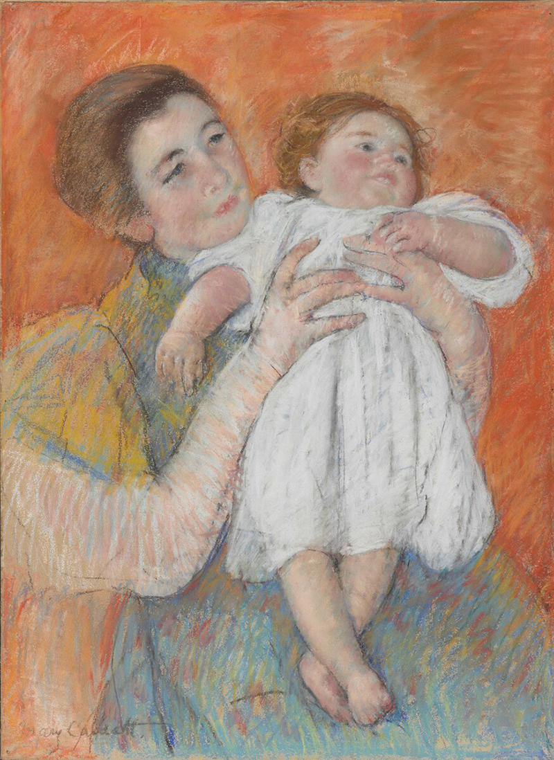 a pastel drawing in oranges and blues showing a woman holding a child