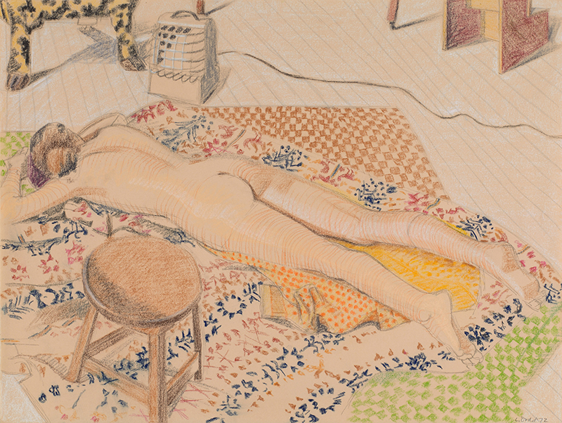 A pastel drawing of a nude woman lying on her stomach on a rug