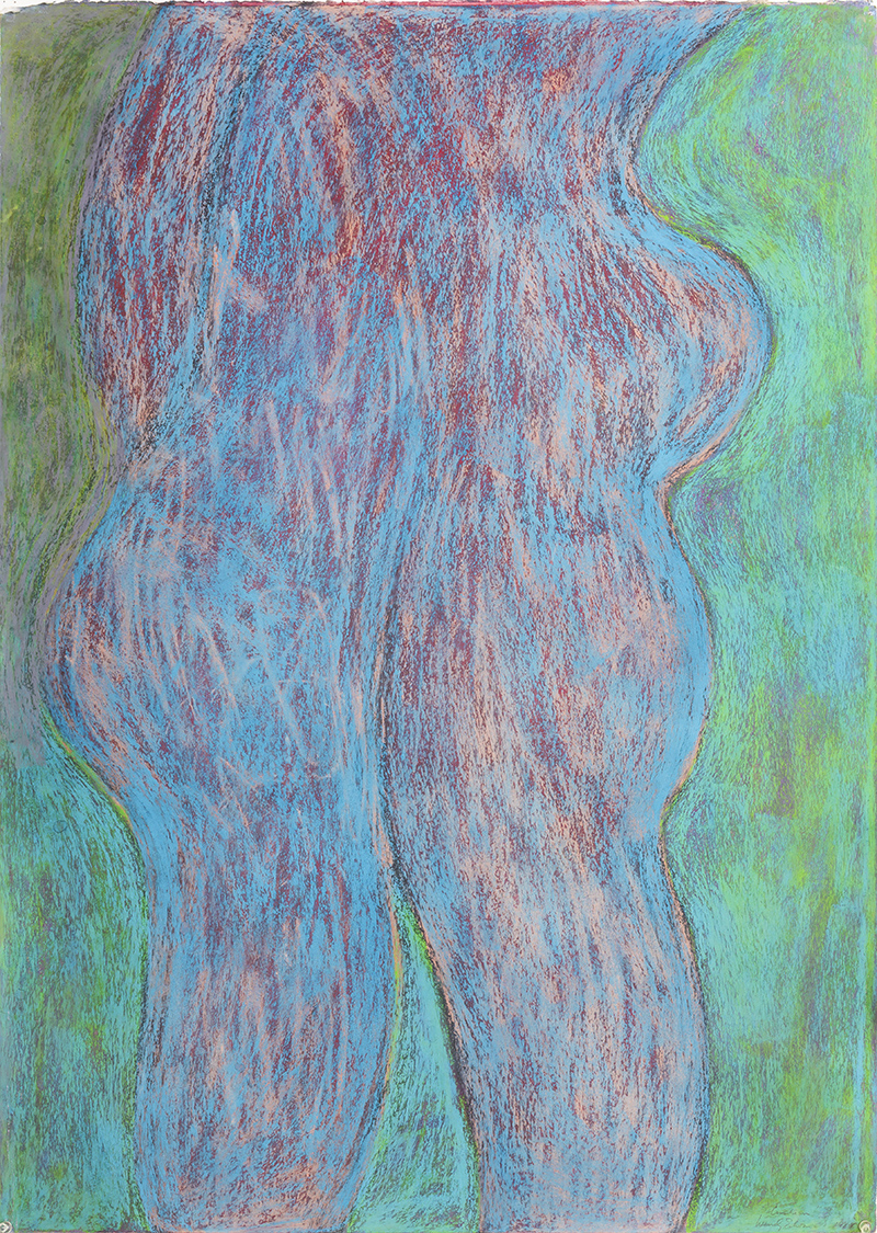A pastel drawing in greens, blues, and pinks