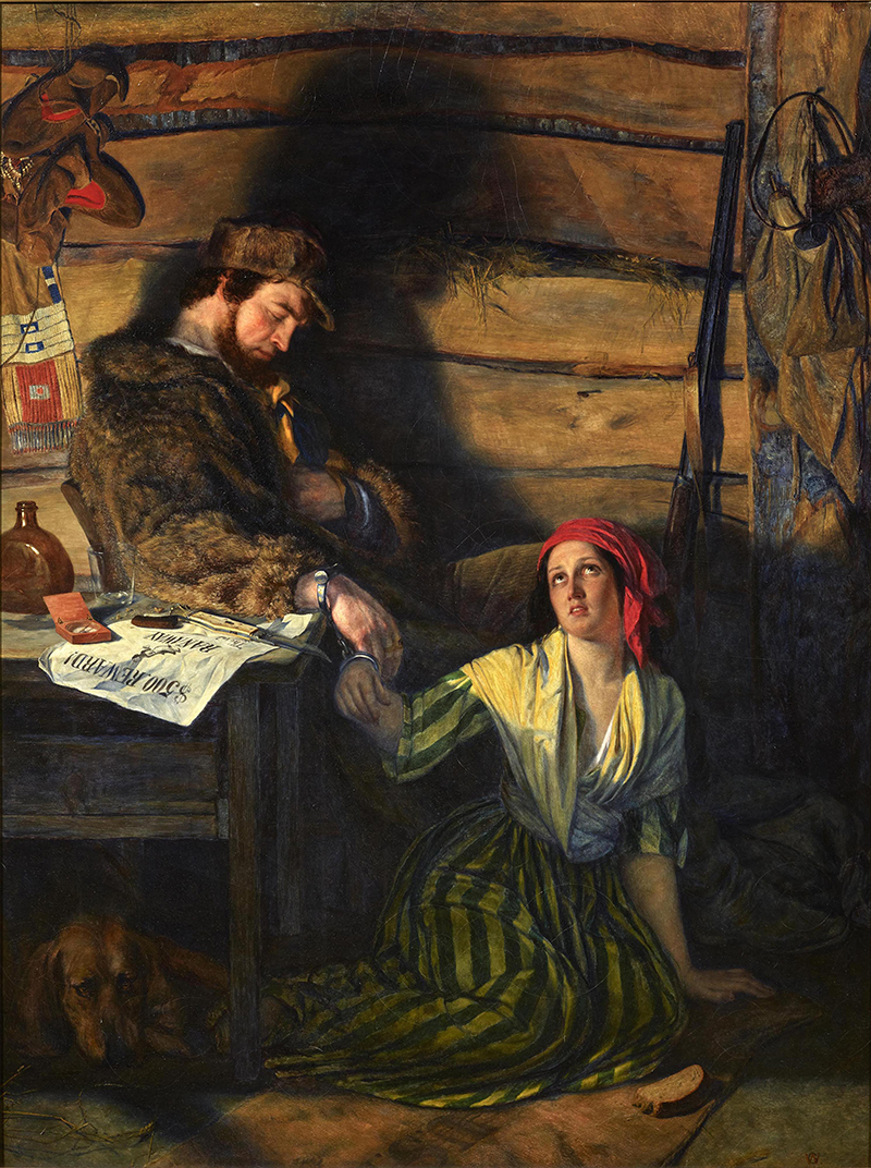An oil painting showing a mixed-race African-descended enslaved woman handcuffed to a bounty hunter