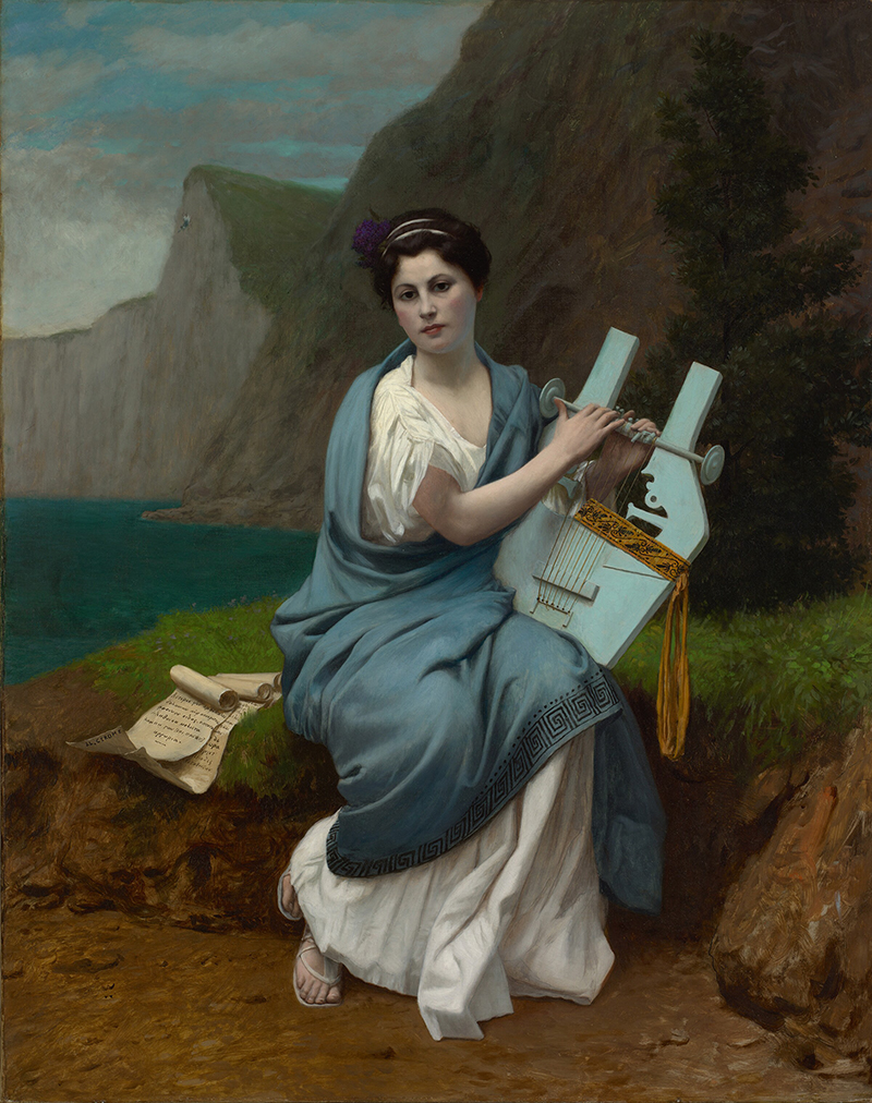 A painting showing a female figure in classical dress playing a musical instrument