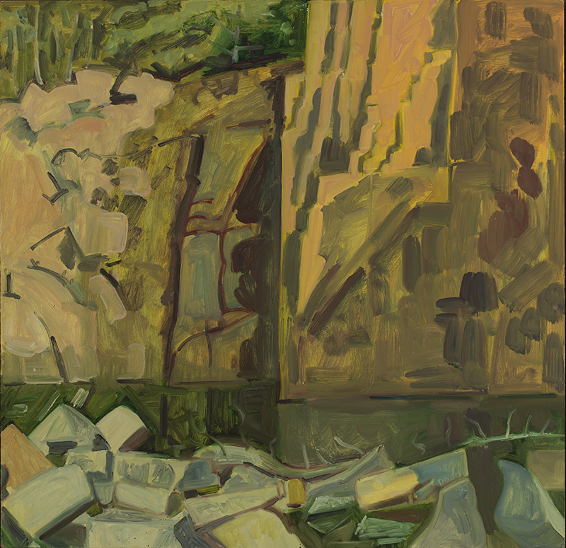 A painting with brown rocks and a pool of water at the base.