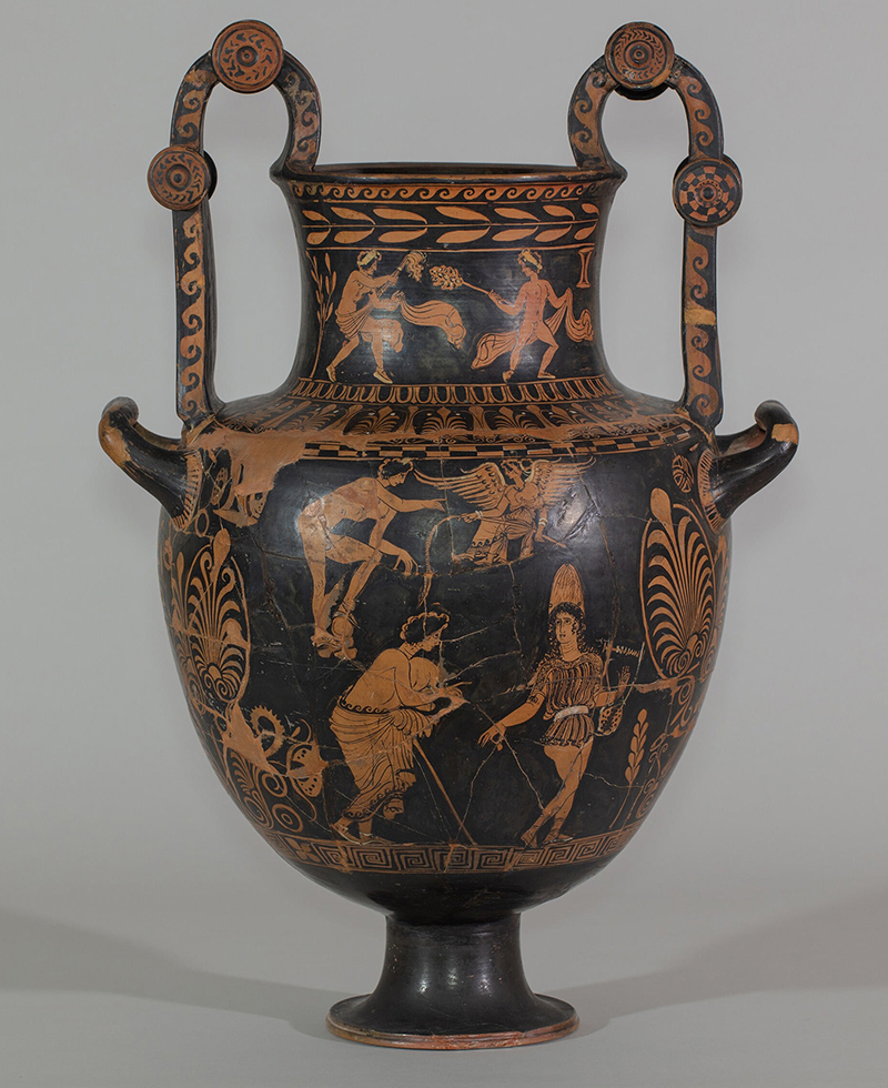 An ancient greek vessel made of terracotts, with red-figure painted decorations.