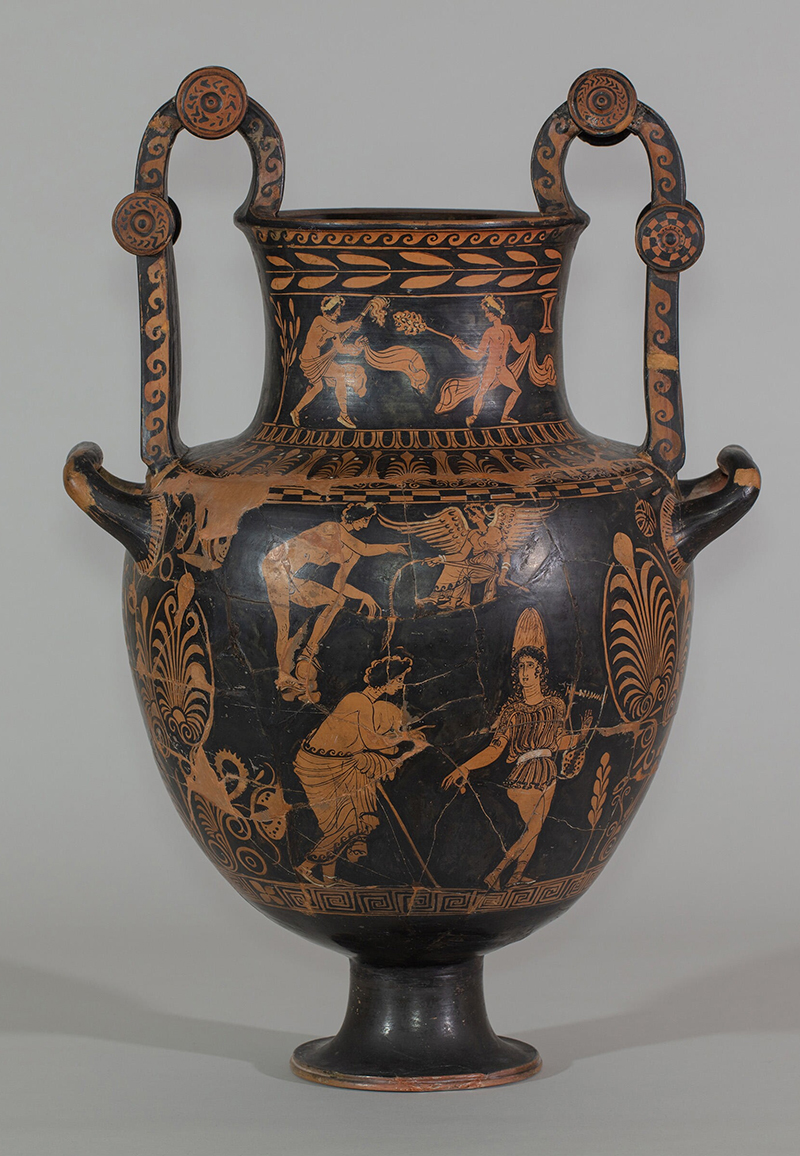 A two-handled ancient vessel with red figure painting