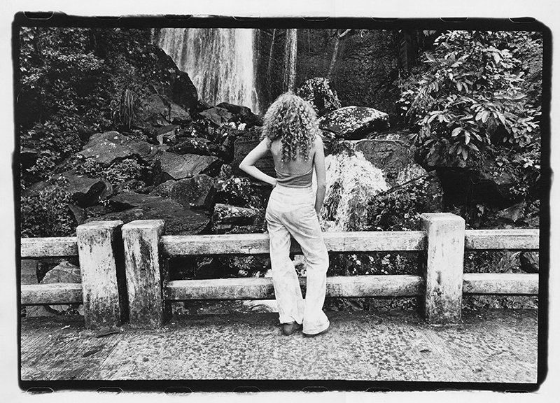 a black and white photograph of a woman, with her back towards the view, in front of a fence and a waterfall