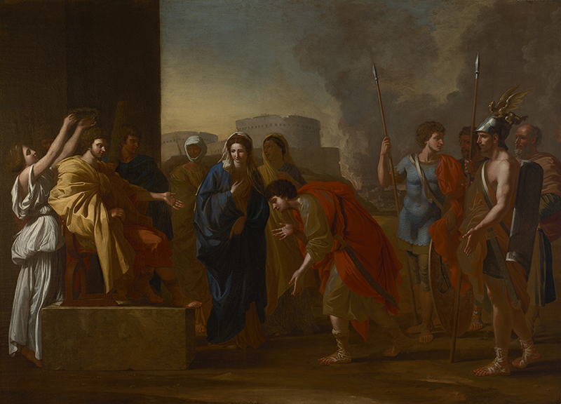 A painting showing a dramatic classical scene, with figures in togas