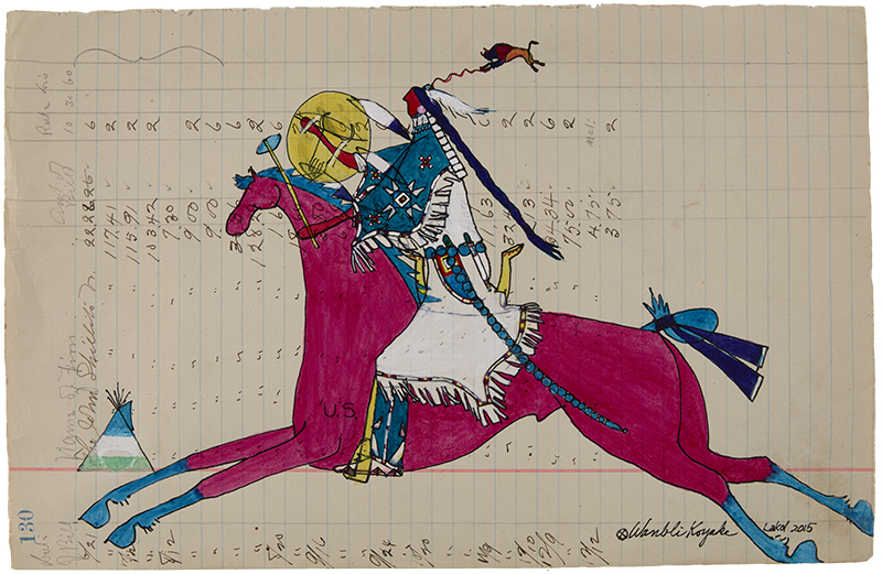 A drawing/painting on paper, of a red horse with a rider