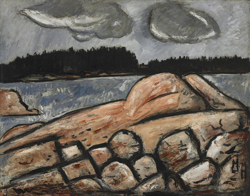 a bold landscape/seascape in oil paint, showing a rocky shore and the sea