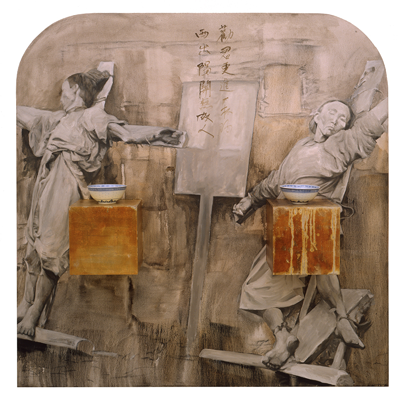 A painting with two gesturing figures and ceramic components