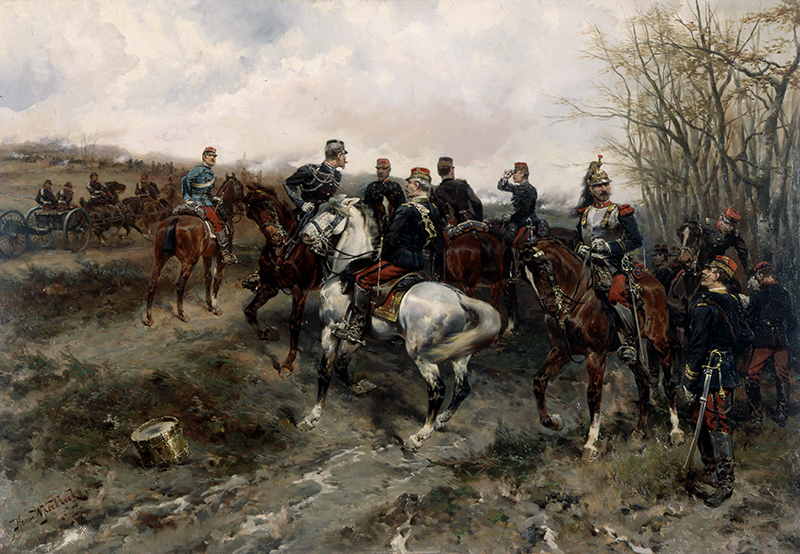 A painting of 19th-century military men, with fancy uniforms and hats, on horseback in a landscape
