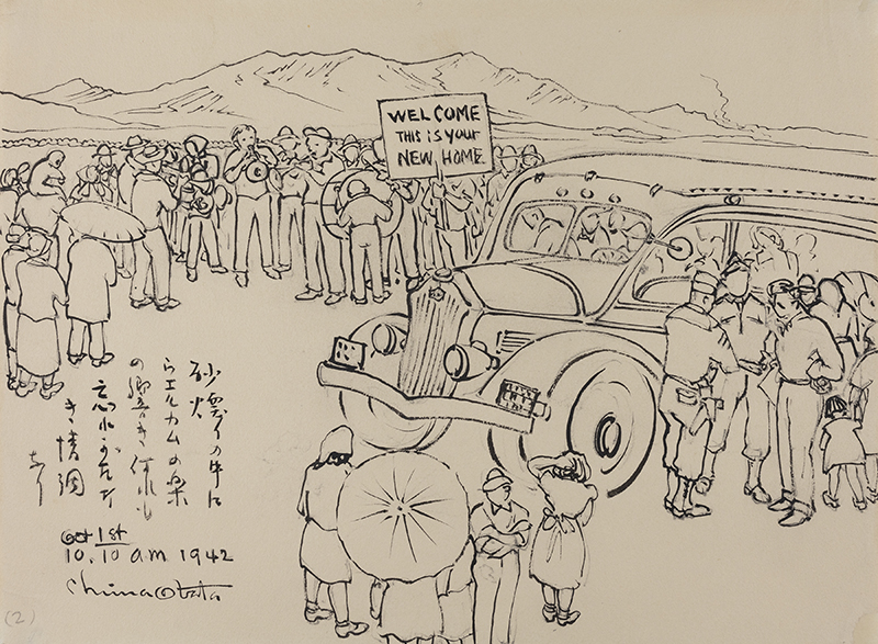 A drawing on beige paper of people, a bus, a welcome sign, mountains, and Japanese writing, 