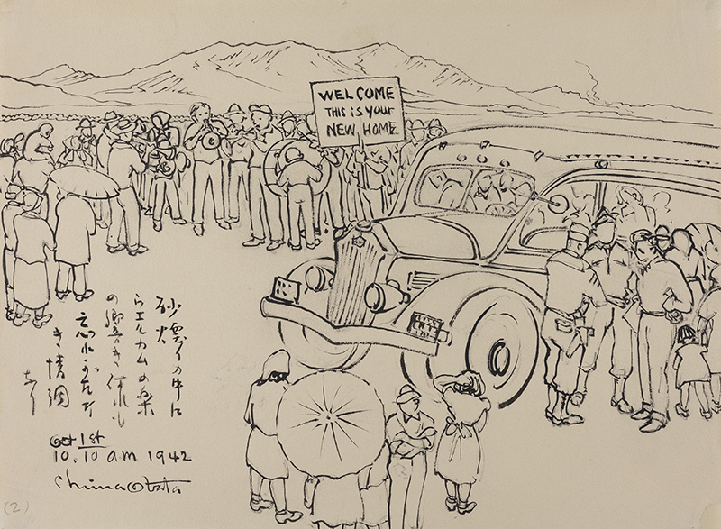 A drawing on beige paper of people, a bus, a welcome sign, mountains, and Japanese writing,