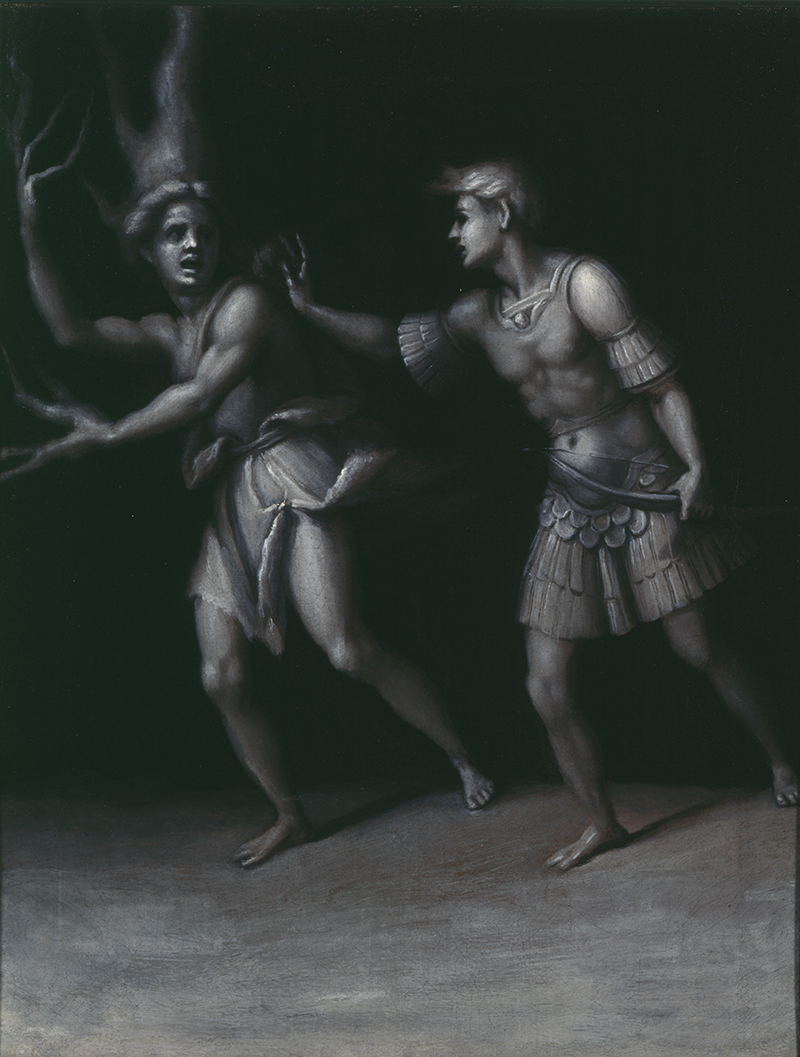 a monochrome painting showing a man in armour and a woman turning into a tree