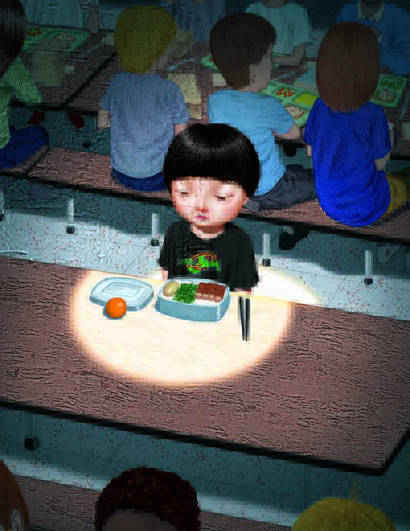 an image of a person at a cafeteria table, with s spotlight on them.  There is a bento box of food on the table.