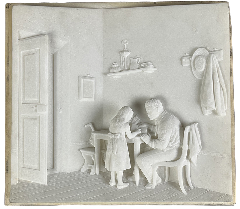 a marble relief sculpture depicting a man sitting at a kitchen table and a girl standing nearby