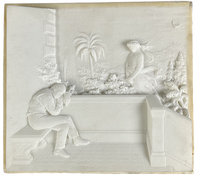 a marble relief sculpture depicting a seated man in an walled space with an ethereal female figure in the distance