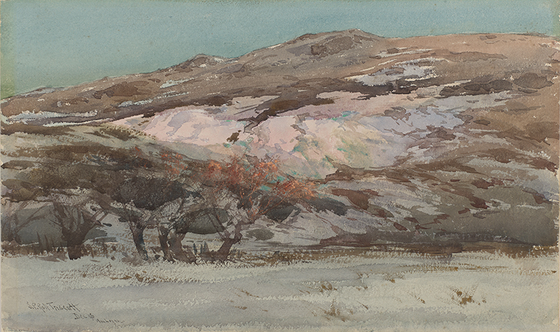 A watercolor painting showing a landscape with a hill covered in snow