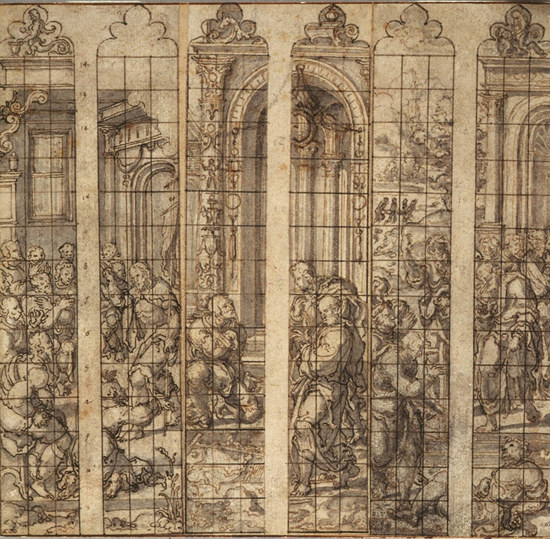 a sepia drawing of a stained glass window
