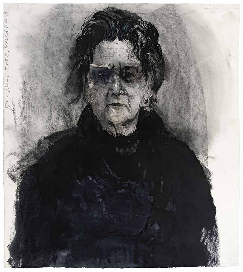 A dark charcoal drawing of the head and shoulders of a dark haired woman wearing glasses