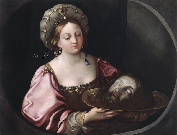An oil painting depicts a woman dressed in Baroque clothing holds a severed head upon a platter