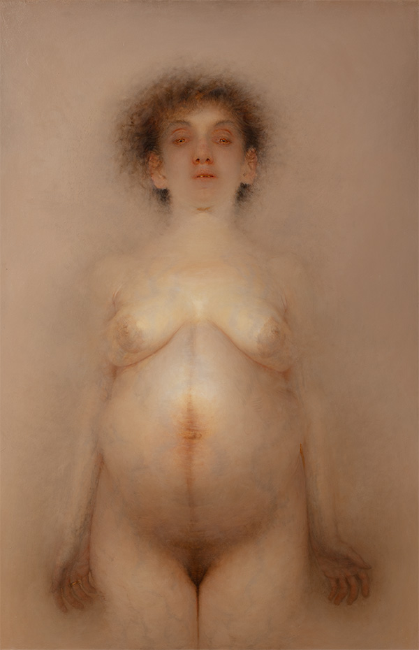 An oil painting depicts a nude pregnant woman, her torso central to the composition of the canvas
