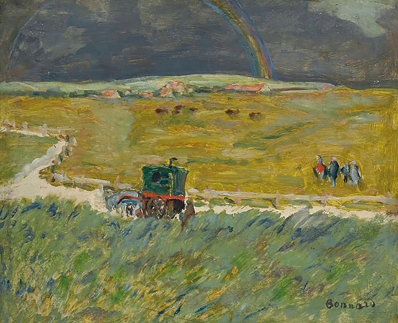 a landscape painting of a field in greens and gold with a vehicle in the landscape under a blue sky
