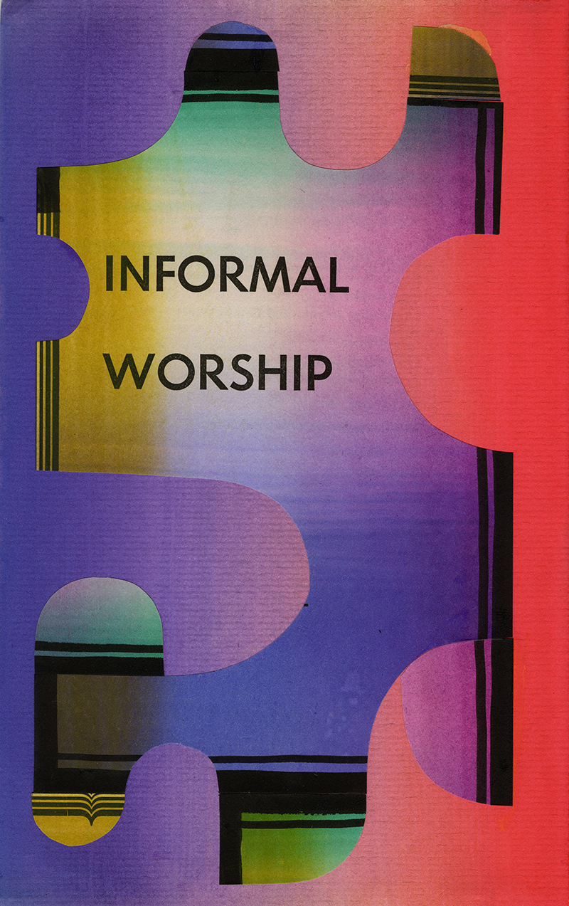 A bright artwork with purple and red backgrounod with a irregular shape in a v ariety of tones with the words "Informal Worship: