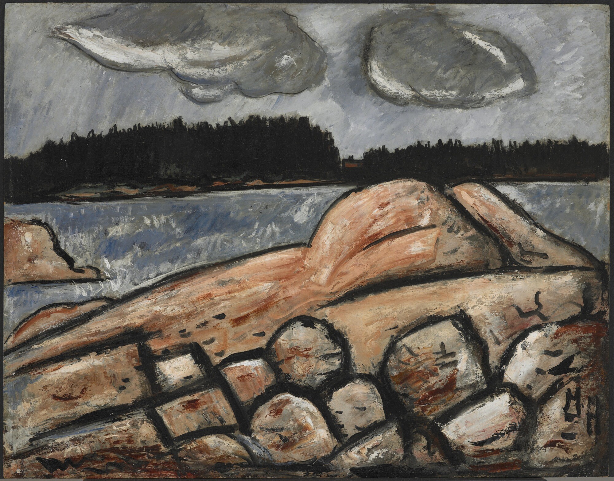 A landscape painting depicts a rocky coastline rendered through choppy brushstrokes and boldly outlined forms