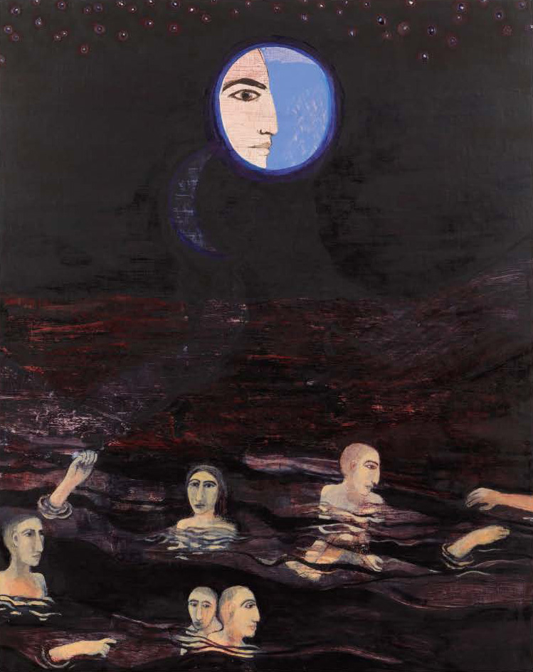 A painting shows a night-time scene with a centered moon and stylized people swimming in water
