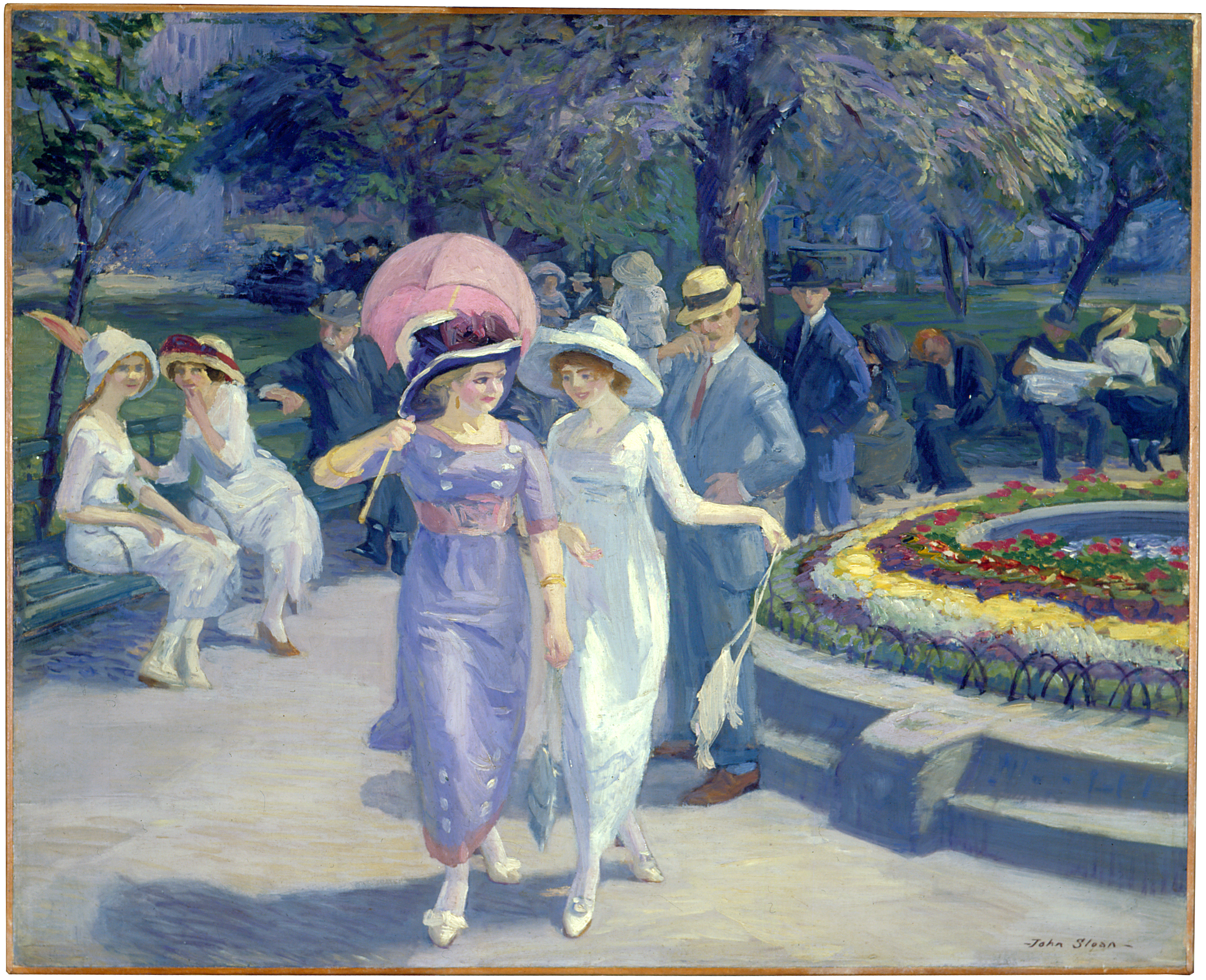 A painting shows people dressed in early 20th-century clothing strolling through an urban park