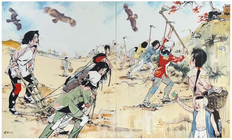 A painting shows woman laborers toiling in a barren field