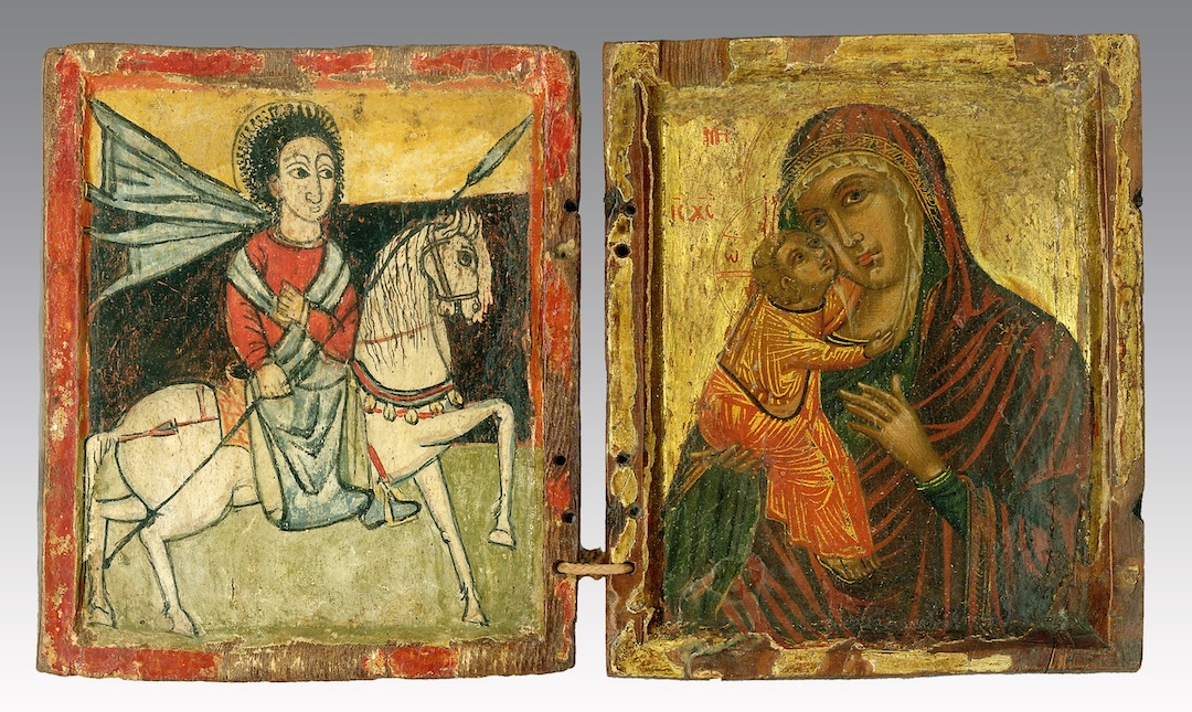 A diptych shows the image of a saint at left and the Virgin and Child at right