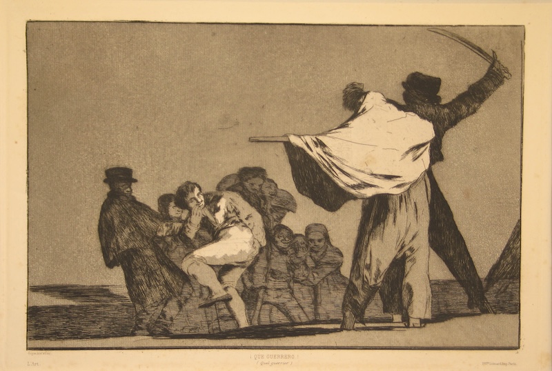 A print shows a group of people cowering before two looming figures artwork displaying objects such as a hand, fish, several cups, and a human figure