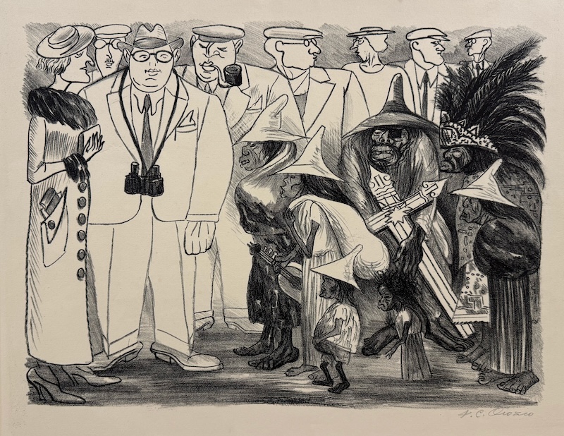 A black and white print shows a line of stylized people standing