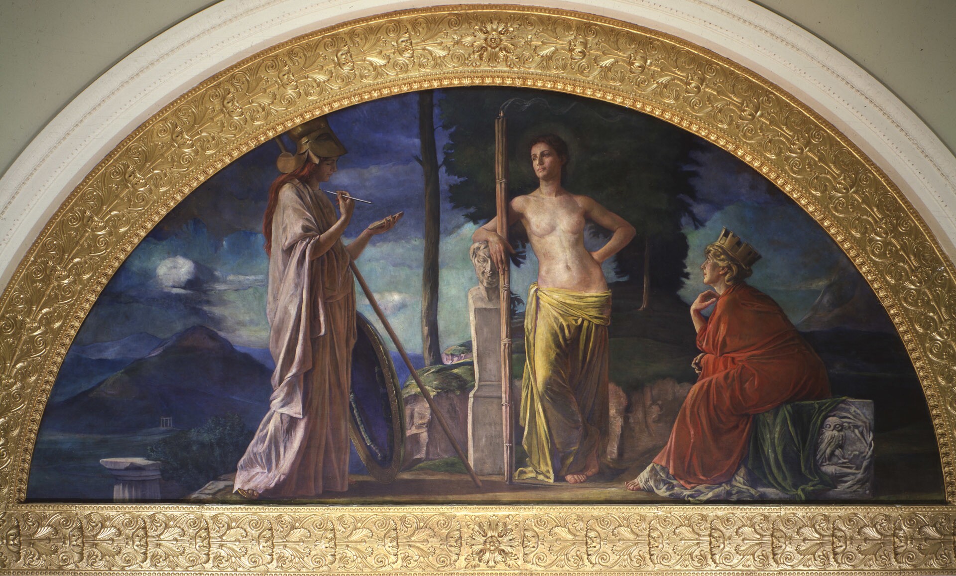A mural painting with a lunette composition shows the figure of the goddess Athena flanked by other classical figures