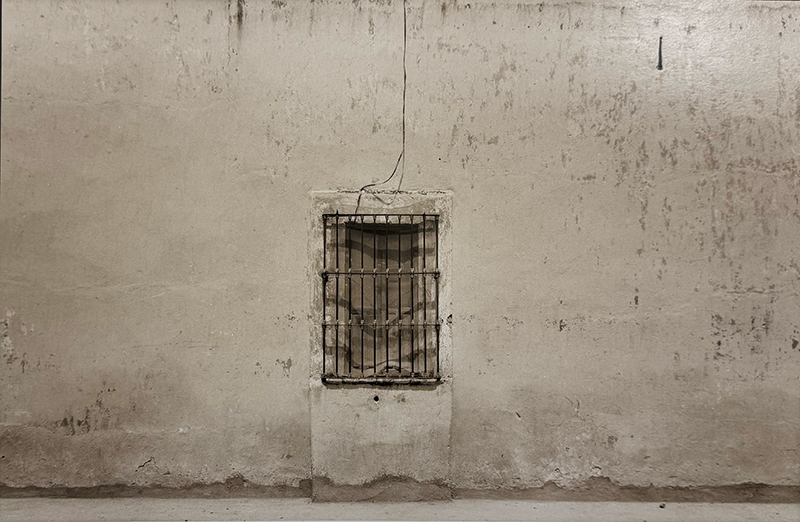 A black and white architectural photo of a barred window