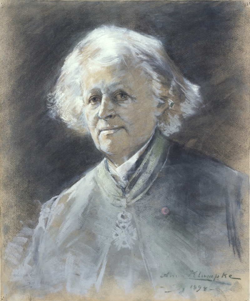 A pastel portrait of a person with white hair in nineteenth century attire